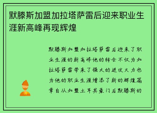 默滕斯加盟加拉塔萨雷后迎来职业生涯新高峰再现辉煌